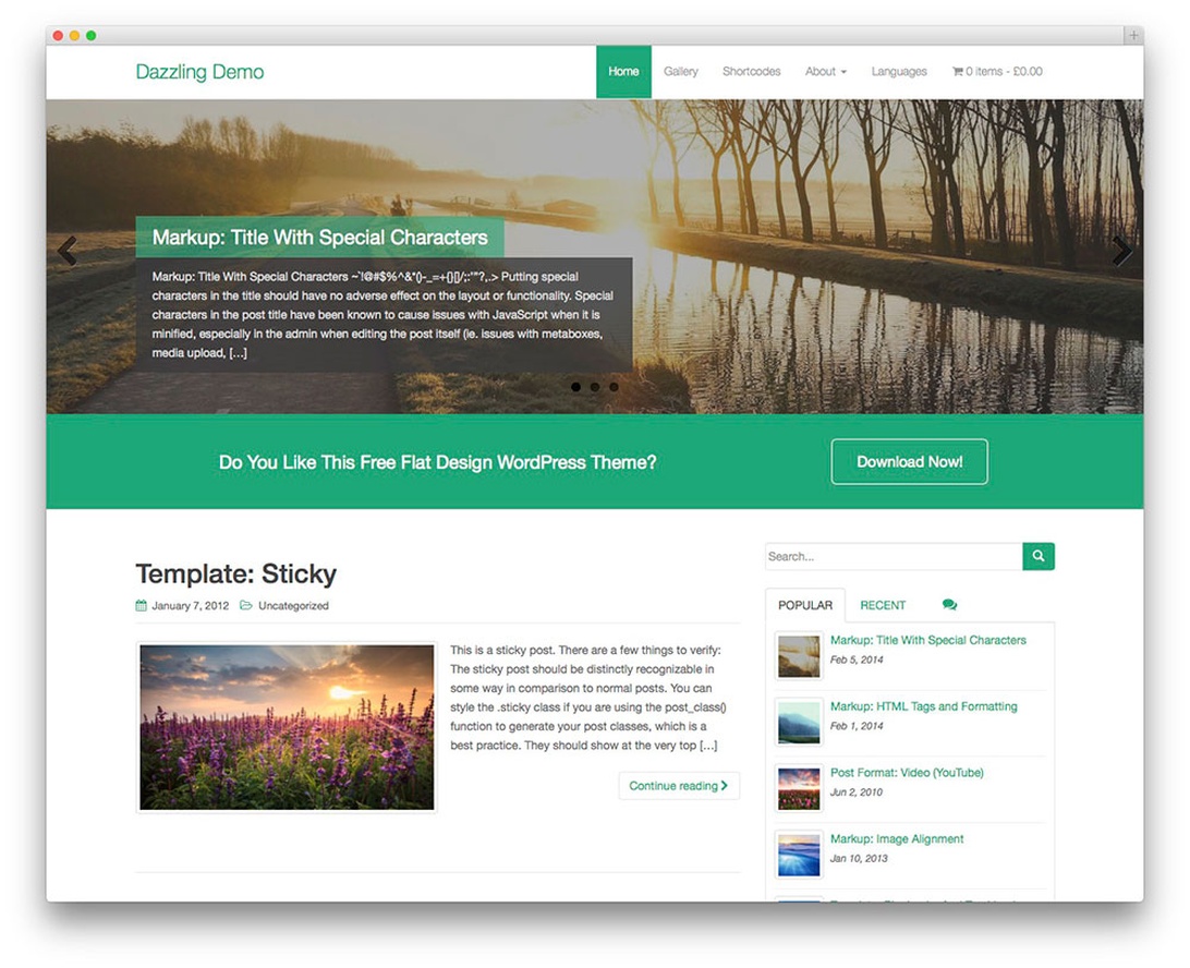 WordPress-teema 'Dazzling Demo', jossa litteä design vihreällä korostusvärillä, sankarikuvan liukusäädin maisemakuvalla ja puhdas valkoinen asettelu hakutoiminnolla ja välilehdillä varustetuilla sisältöalueilla.